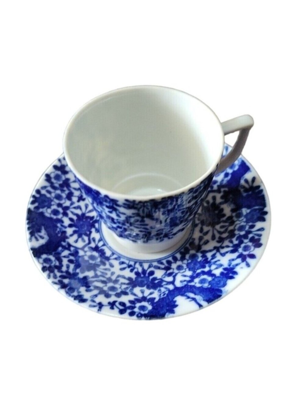 Bone China Demitasse Cup Saucer Tea Coffee Blue Calico Flow Blue White Floral